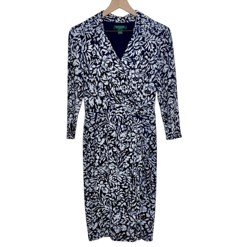 Lauren Ralph Lauren Faux Wrap Blue Floral 3/4 Sleeve Dress Stretchy Size 6